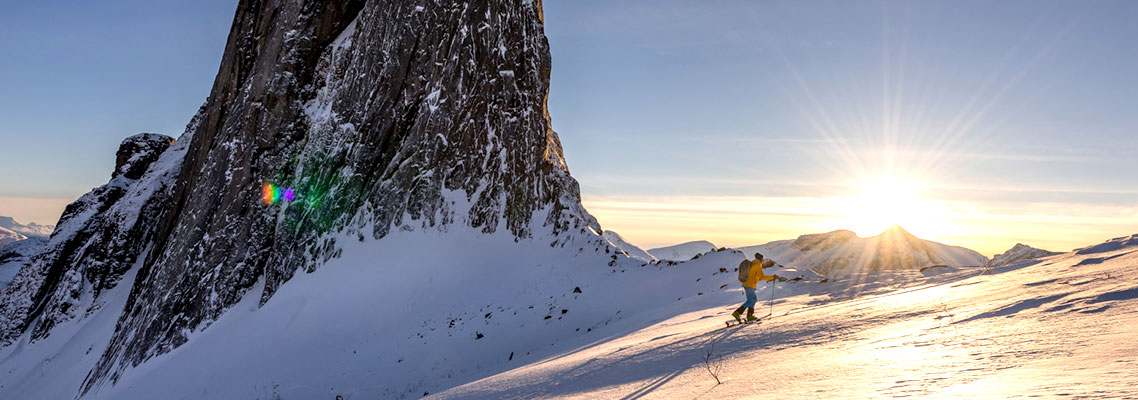 Snowshoe hiking in Senja - view towards the mountain of Segla.